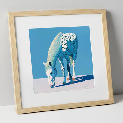 Azure Appaloosa horse breed art print in natural frame