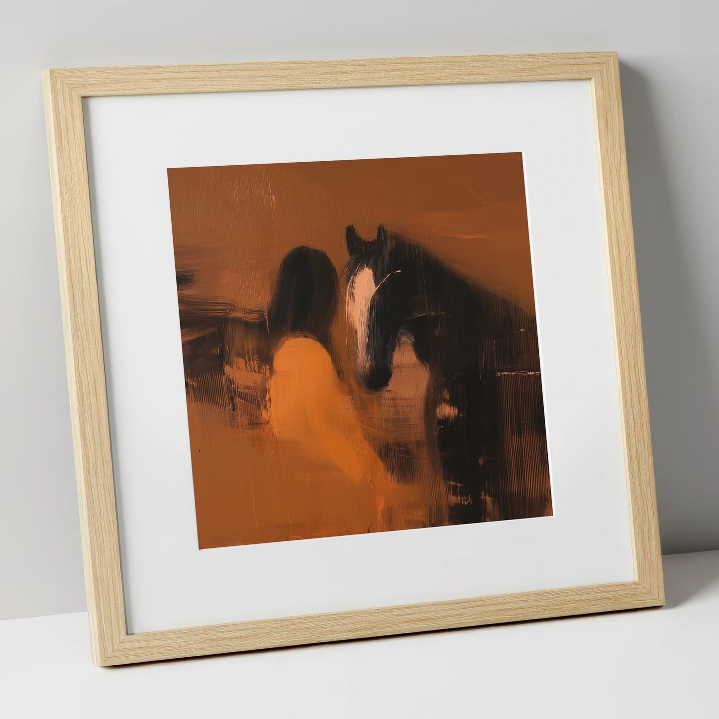 Unspoken Bond horse & rider art print in natural frame