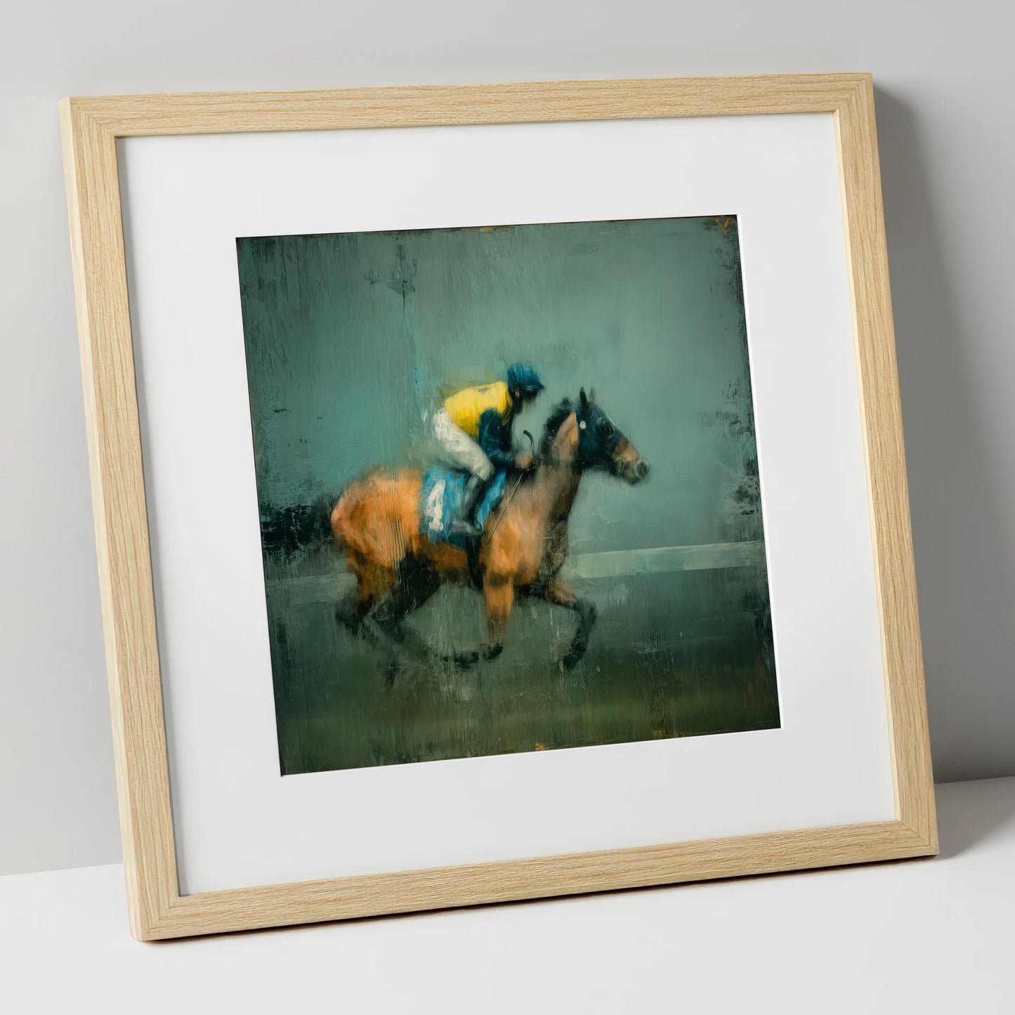 Out of the Shadows racing horse art print in natural frame