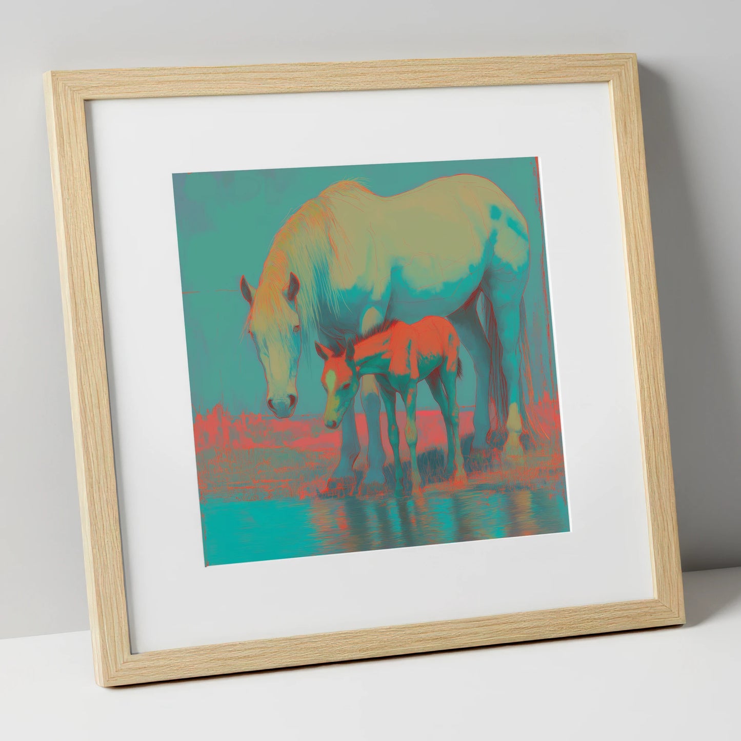 Electric Shoreline Bond mare & foal art print in natural frame