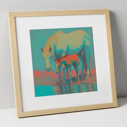 Electric Shoreline Bond mare & foal art print in natural frame