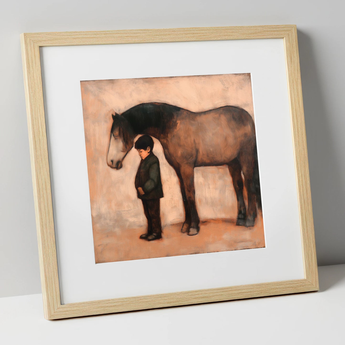 A Quiet Understanding horse & rider art print in natural frame