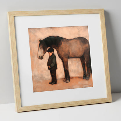 A Quiet Understanding horse & rider art print in natural frame
