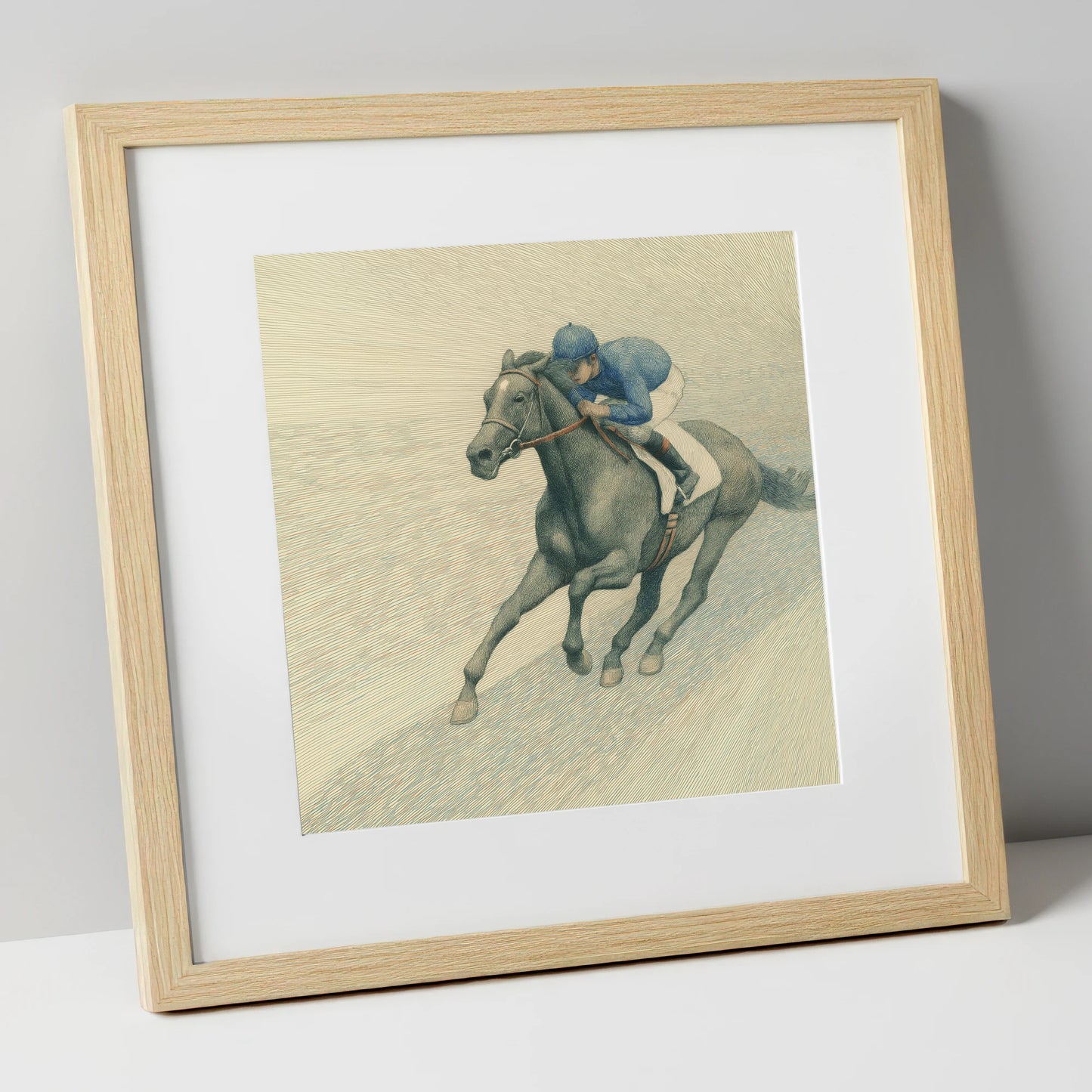 The Slate Grey Gallop racing horse art print in natural frame