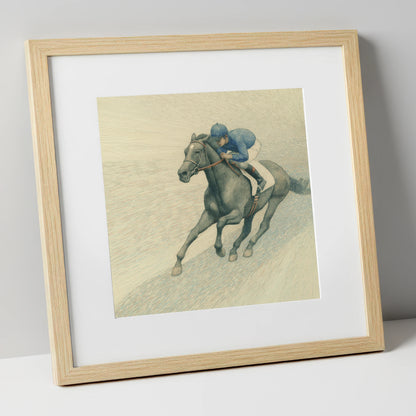 The Slate Grey Gallop racing horse art print in natural frame