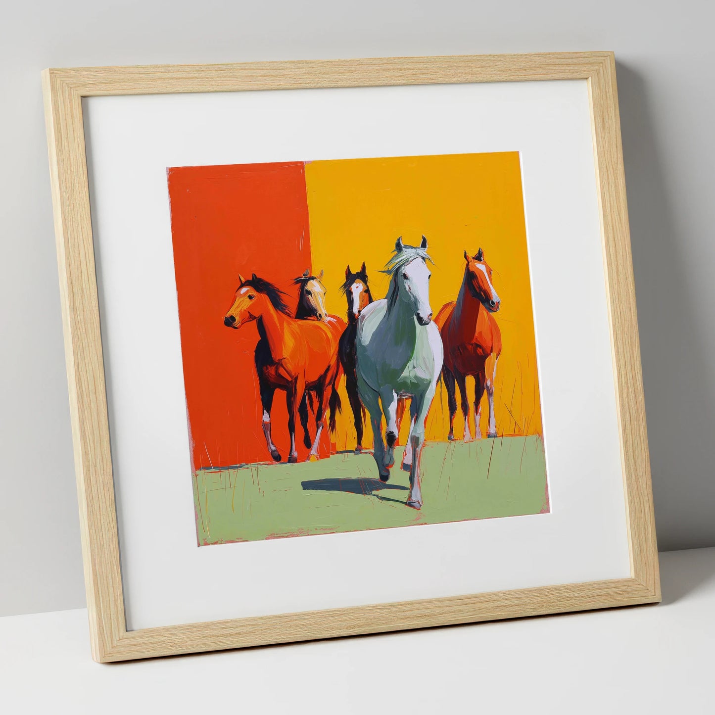 The Vivid Herd wild horses art print in natural frame