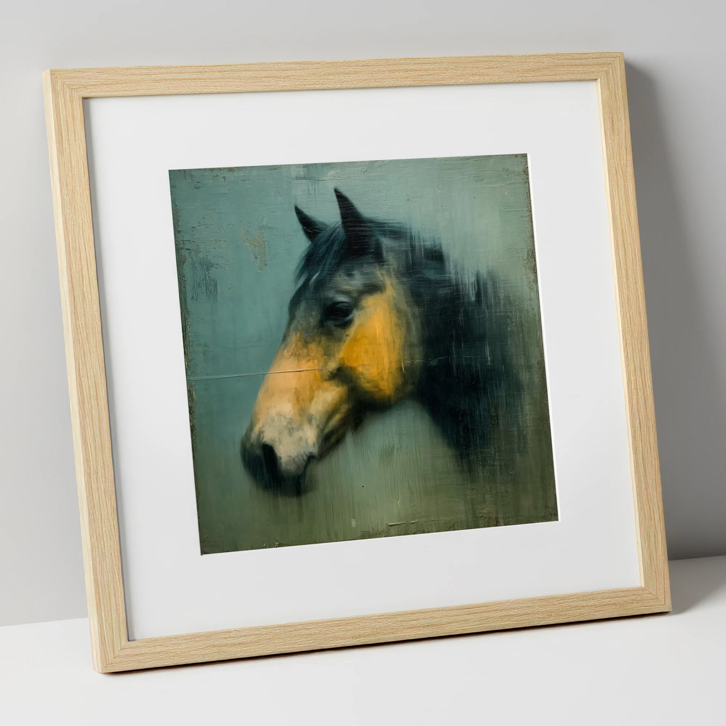 Teal and Ochre Profile horse portrait art print in natural frame