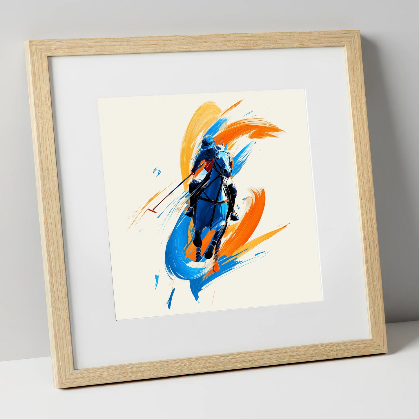 The Indigo Strike polo horse art print in natural frame