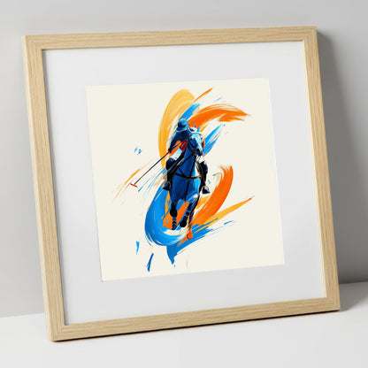 The Indigo Strike polo horse art print in natural frame