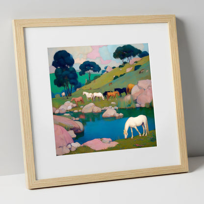 The Pastel Pasture horse landscape art print in natural frame