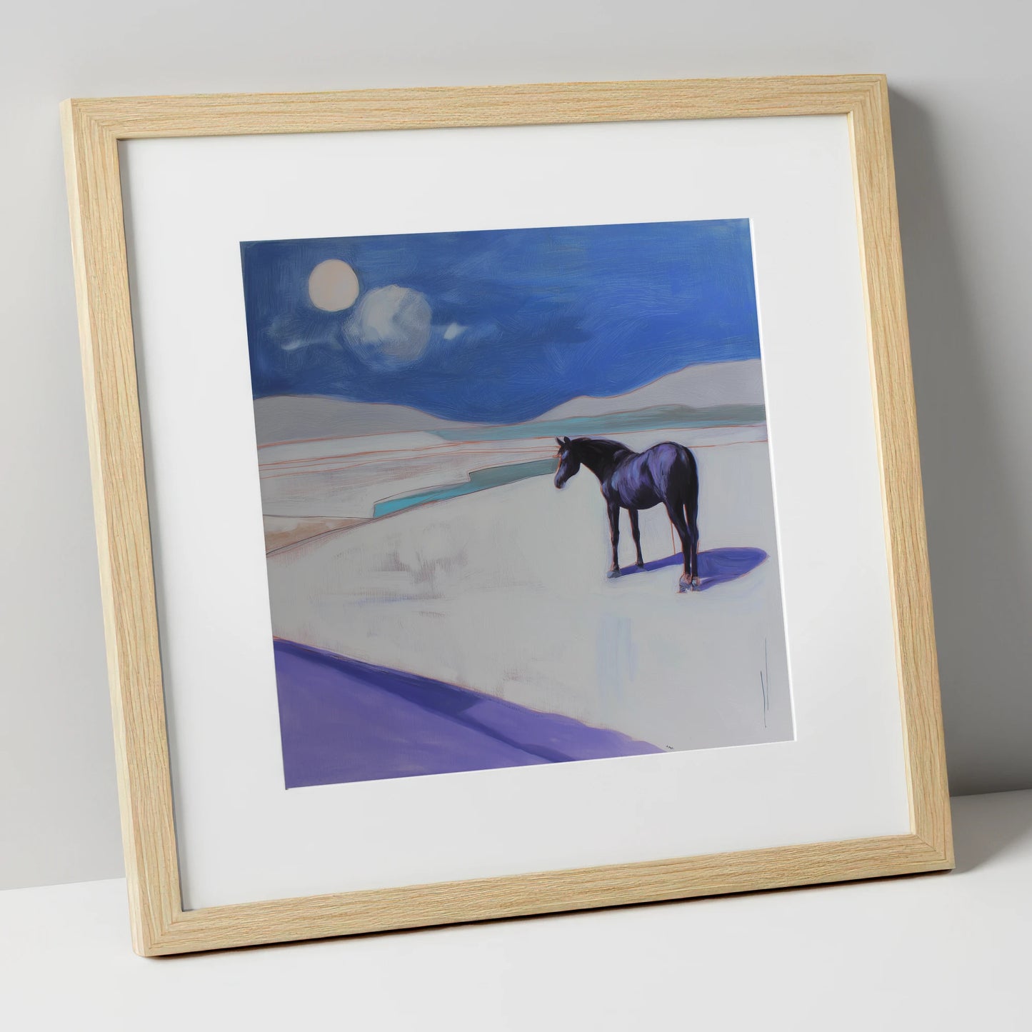 Midnight Solitude horse landscape art print in natural frame
