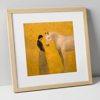 A Quiet Kinship horse & rider art print in natural frame