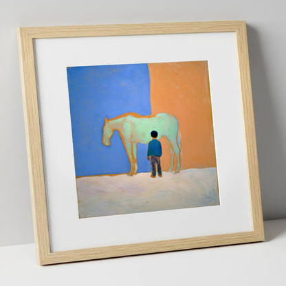 A Silent Understanding horse & rider art print in natural frame