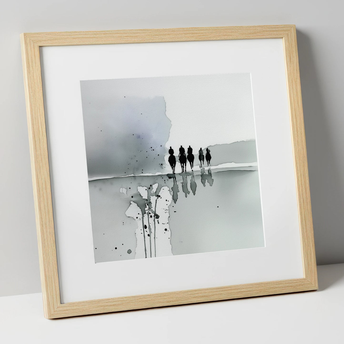 The Morning String racing horse art print in natural frame