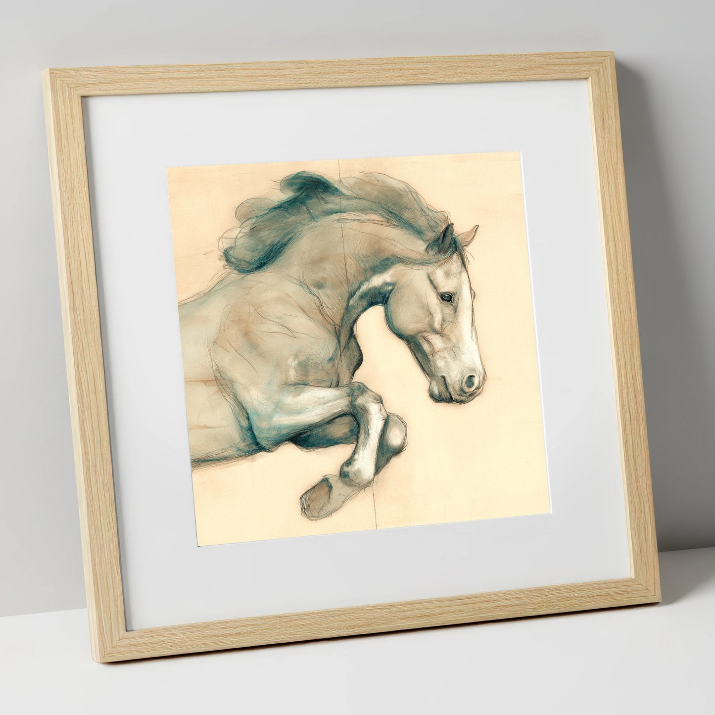 Suspended Grace horse portrait art print in natural frame