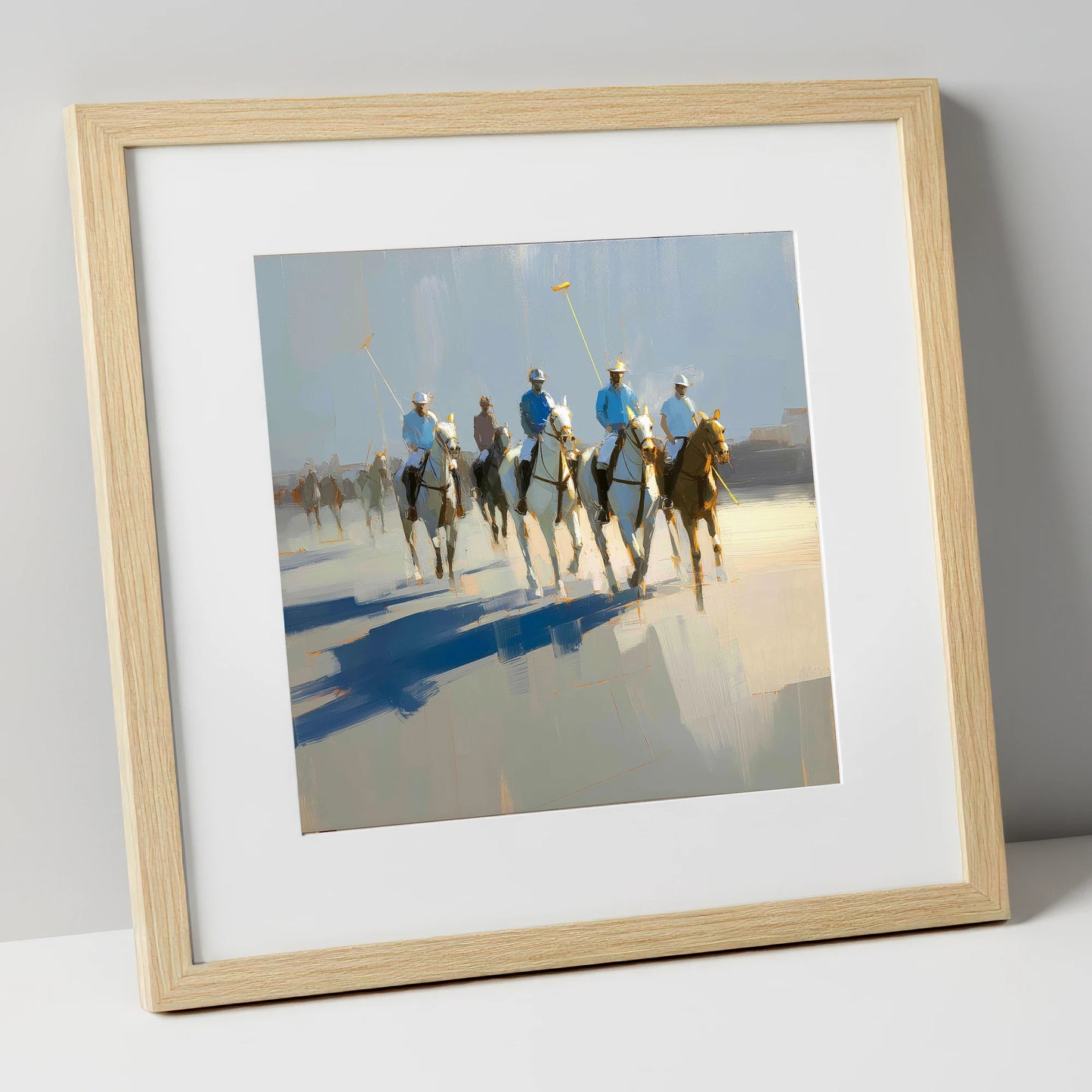 Sunlit Polo Approach polo horse art print in natural frame