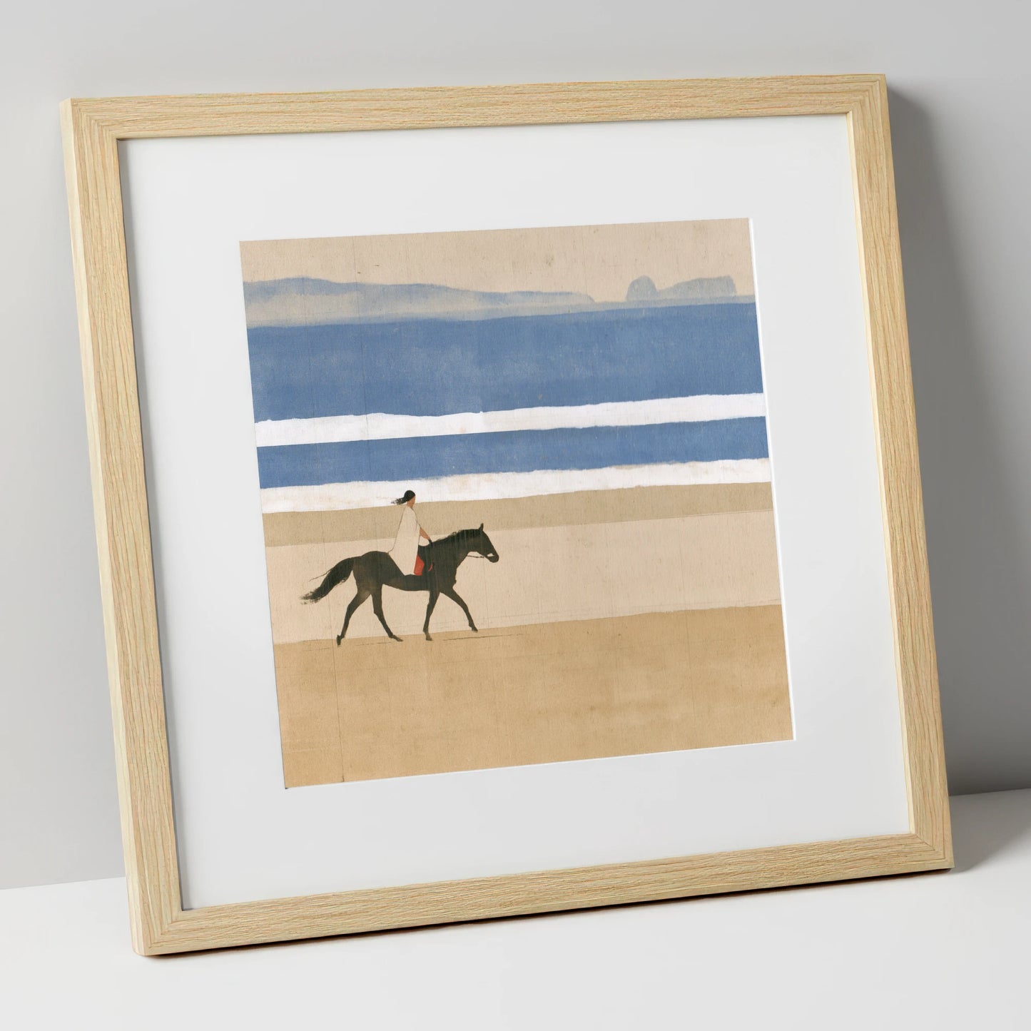 Tranquil Coastal Ride beach horse art print in natural frame