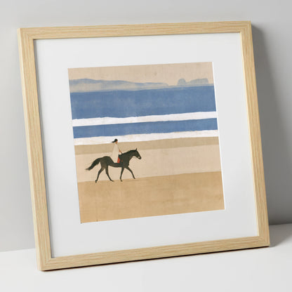 Tranquil Coastal Ride beach horse art print in natural frame