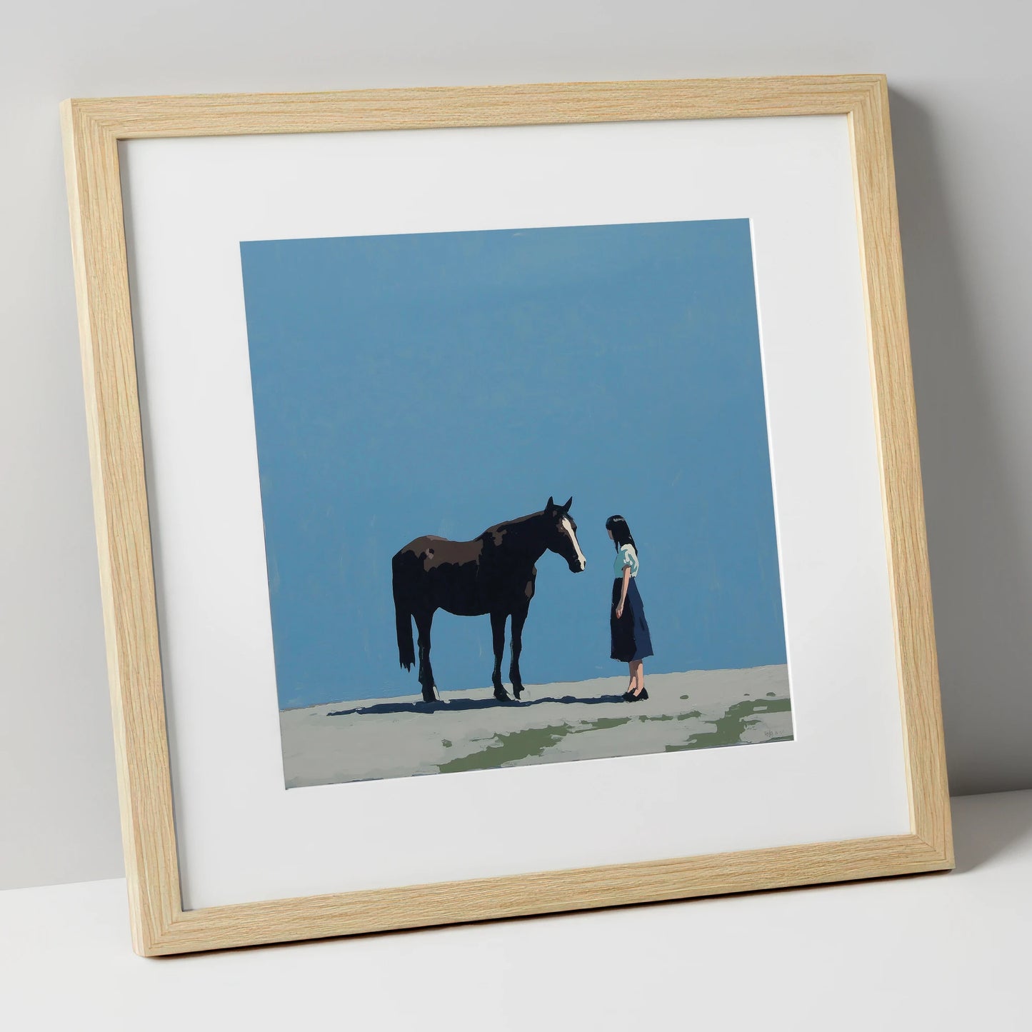 A Quiet Accord horse & rider art print in natural frame