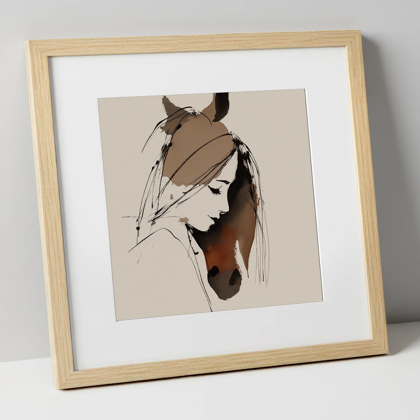 Intertwined Spirits horse & rider art print in natural frame