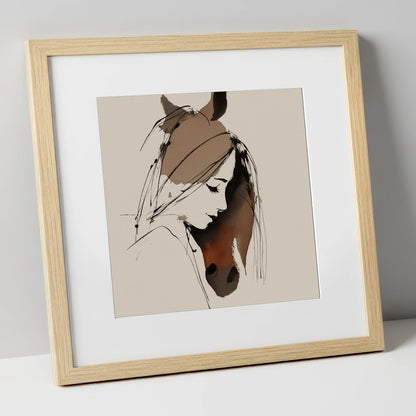 Intertwined Spirits horse & rider art print in natural frame