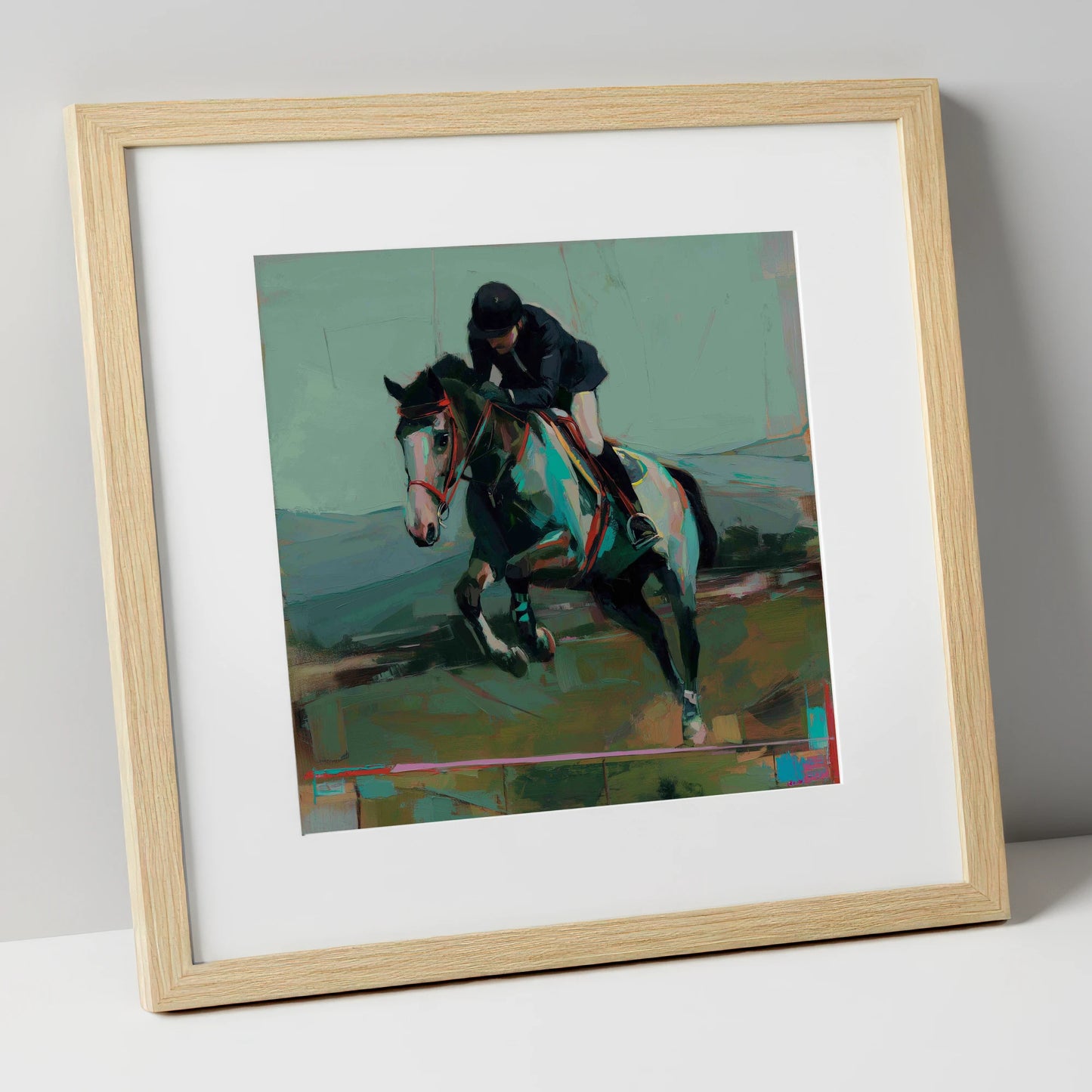 The Bold Clear show jumping horse art print in natural frame