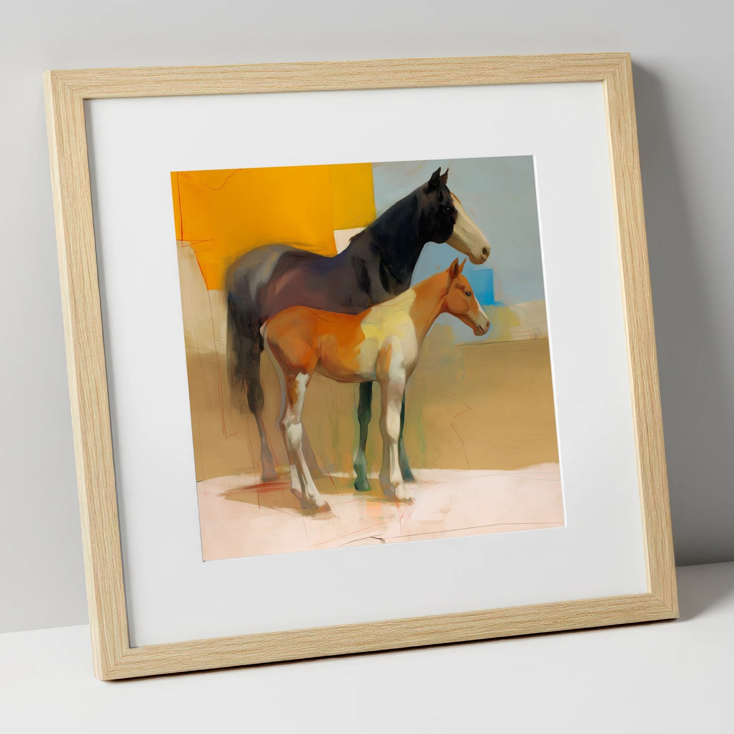 Sunlit Painted Foal mare & foal art print in natural frame