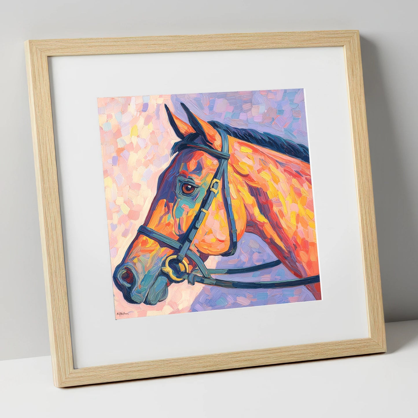 Vivid Equine Gaze racing horse art print in natural frame