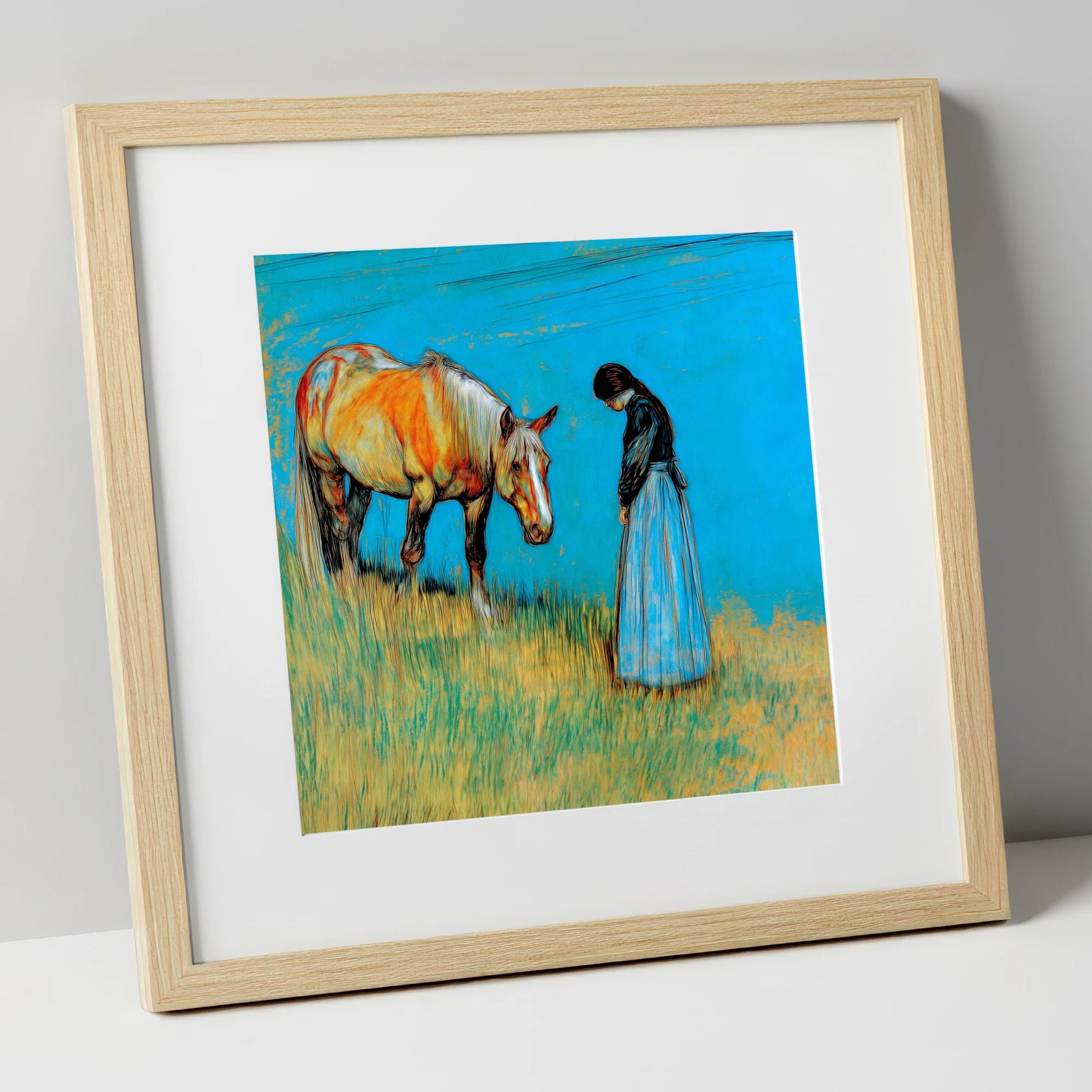 Cerulean Bond horse & rider art print in natural frame