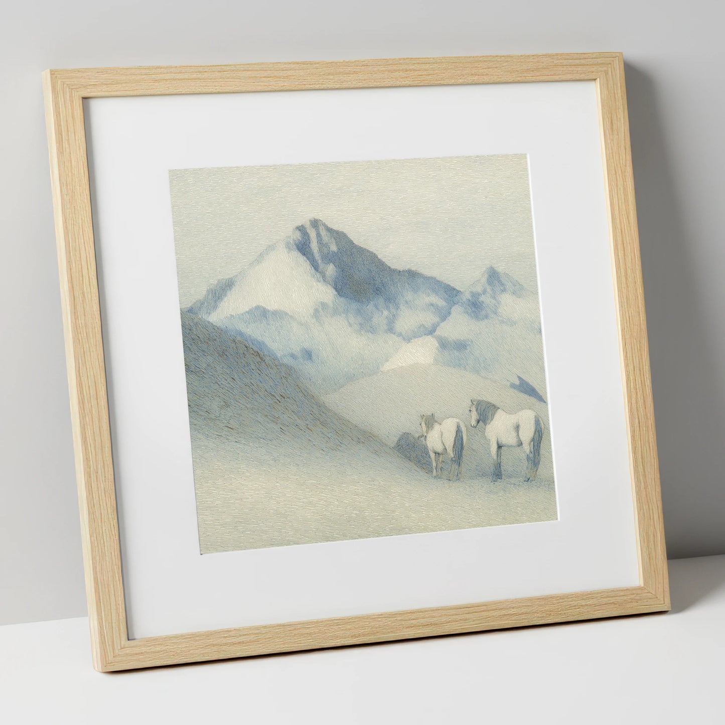 Slate Blue Peaks horse landscape art print in natural frame