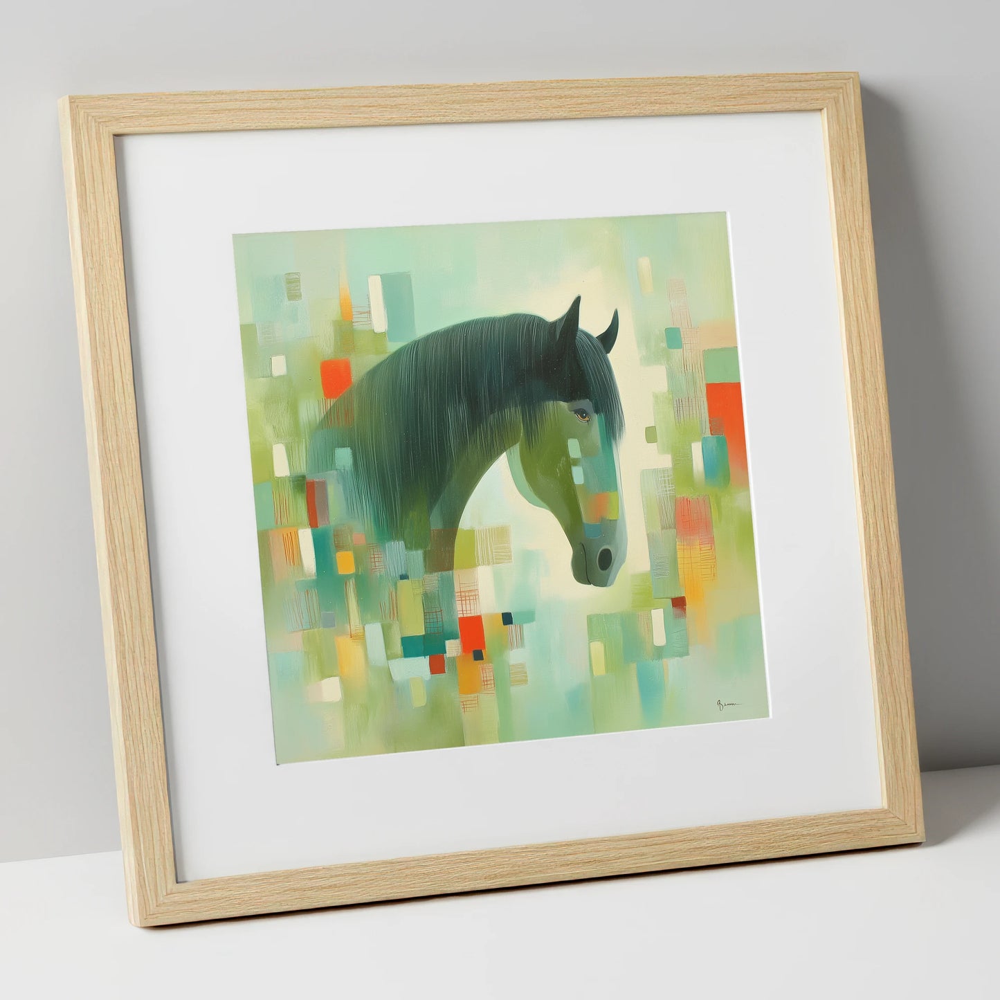 Abstract Equine Harmony horse breed art print in natural frame