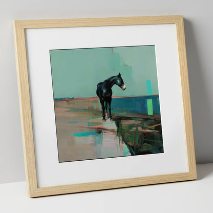 Silent Teal Horizon horse landscape art print in natural frame