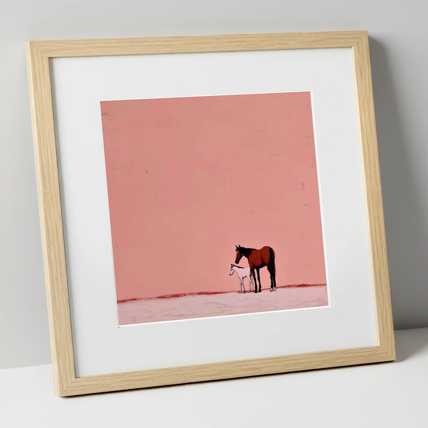 Dusty Rose Bond mare & foal art print in natural frame