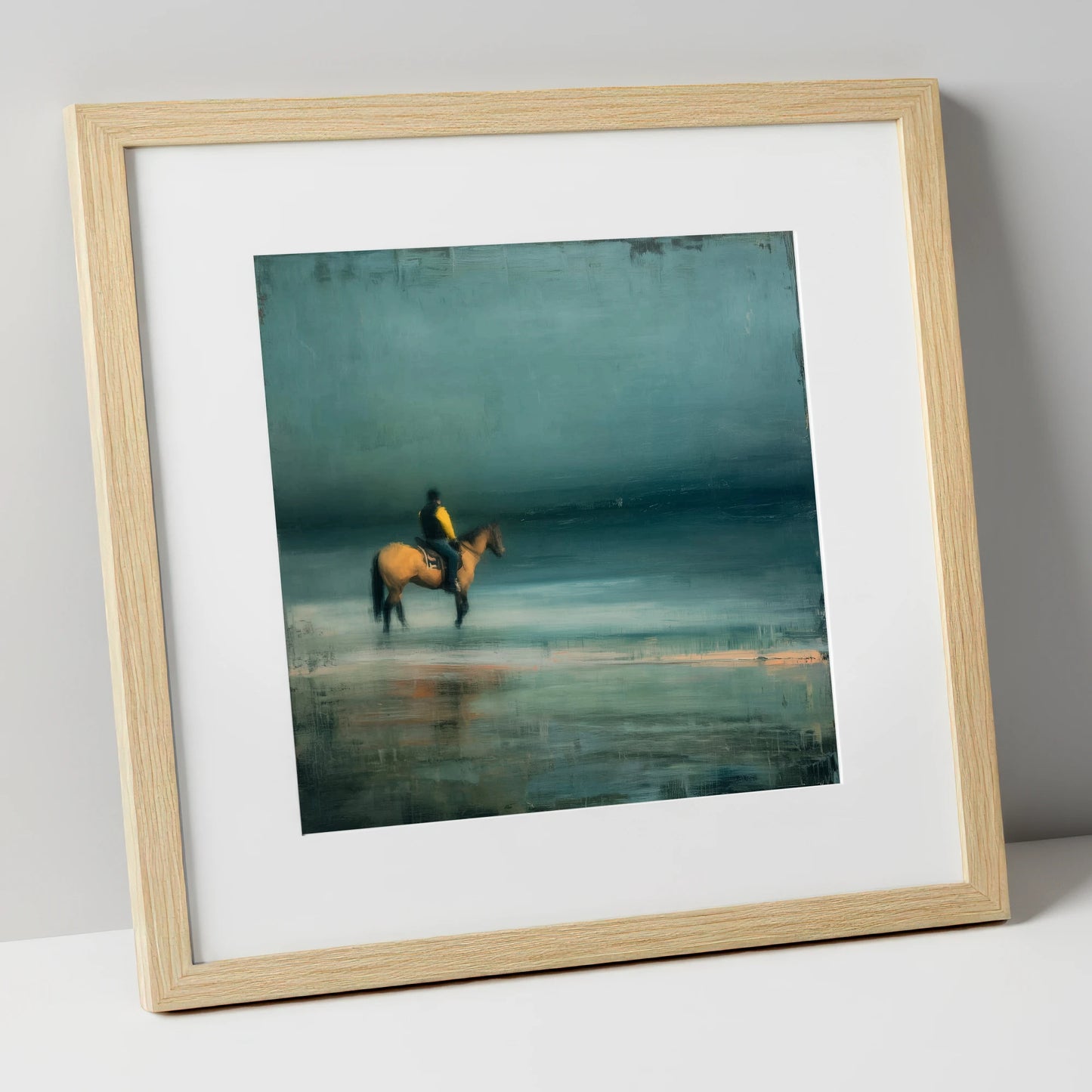 Teal Tide Rider beach horse art print in natural frame