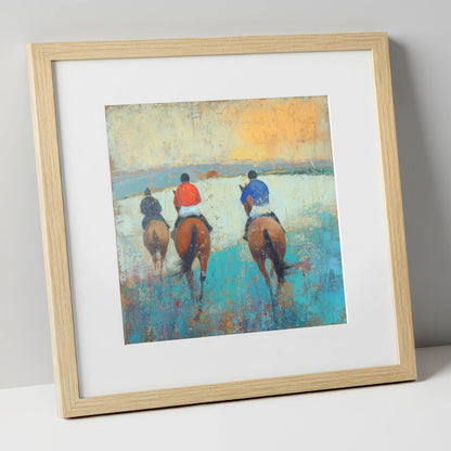 Heading to the Start racing horse art print in natural frame