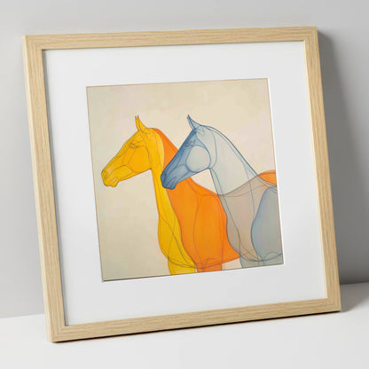 Synchronised Racing Profiles racing horse art print in natural frame