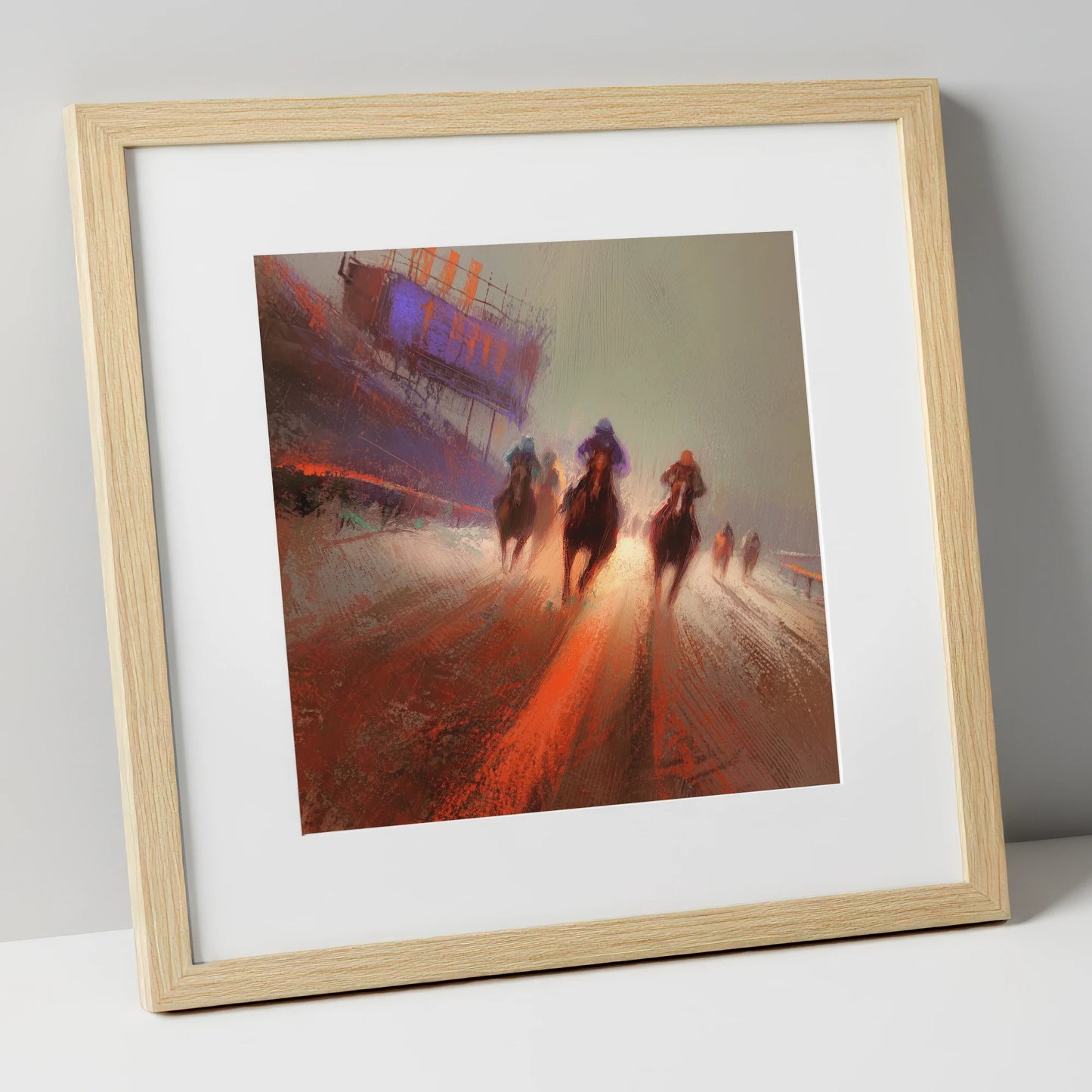 The Final Furlong racing horse art print in natural frame