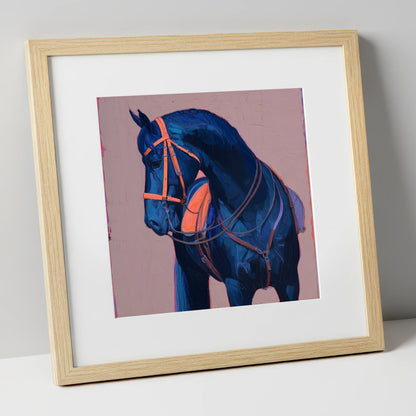 Vibrant Indigo Profile horse breed art print in natural frame