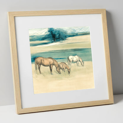 Tranquil Teal Pastures mare & foal art print in natural frame