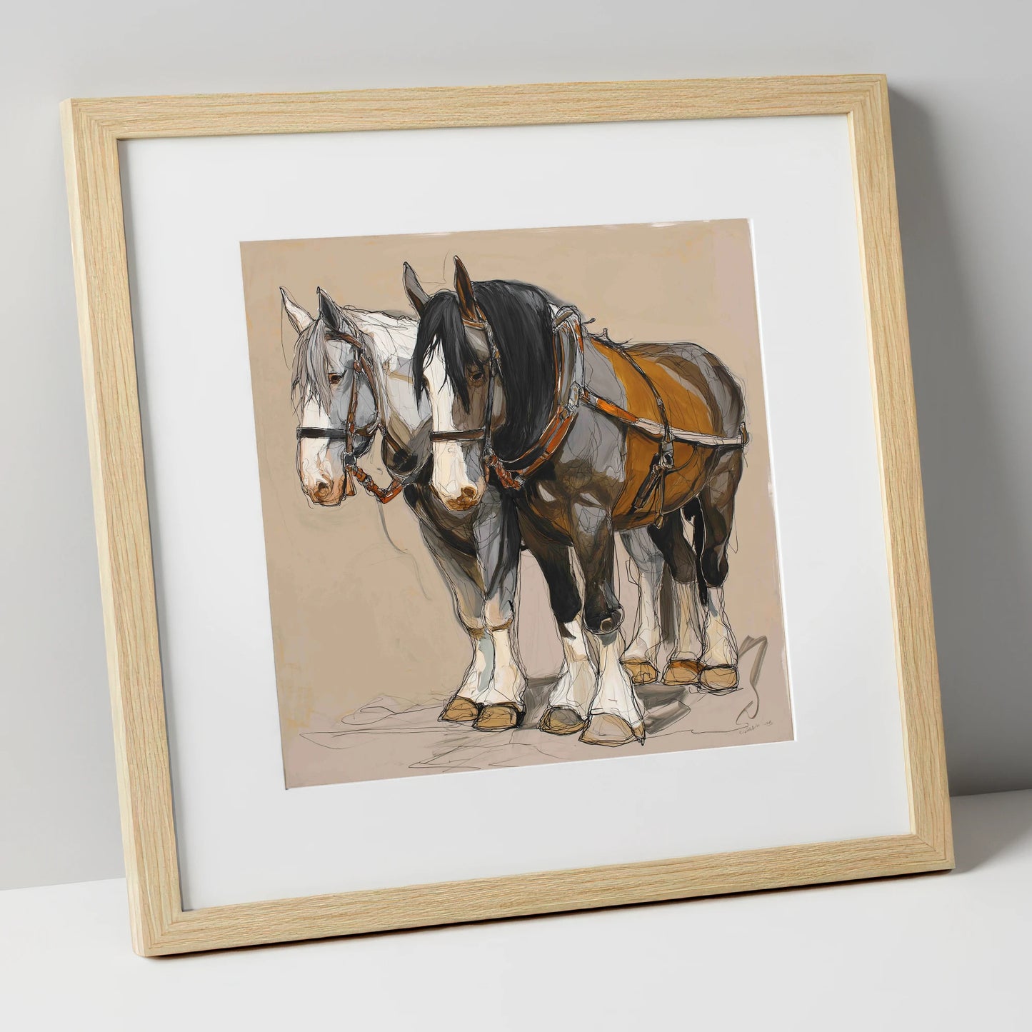 Gentle Giants in Harness horse breed art print in natural frame