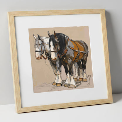 Gentle Giants in Harness horse breed art print in natural frame