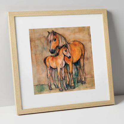 Tender Earth Bond mare & foal art print in natural frame