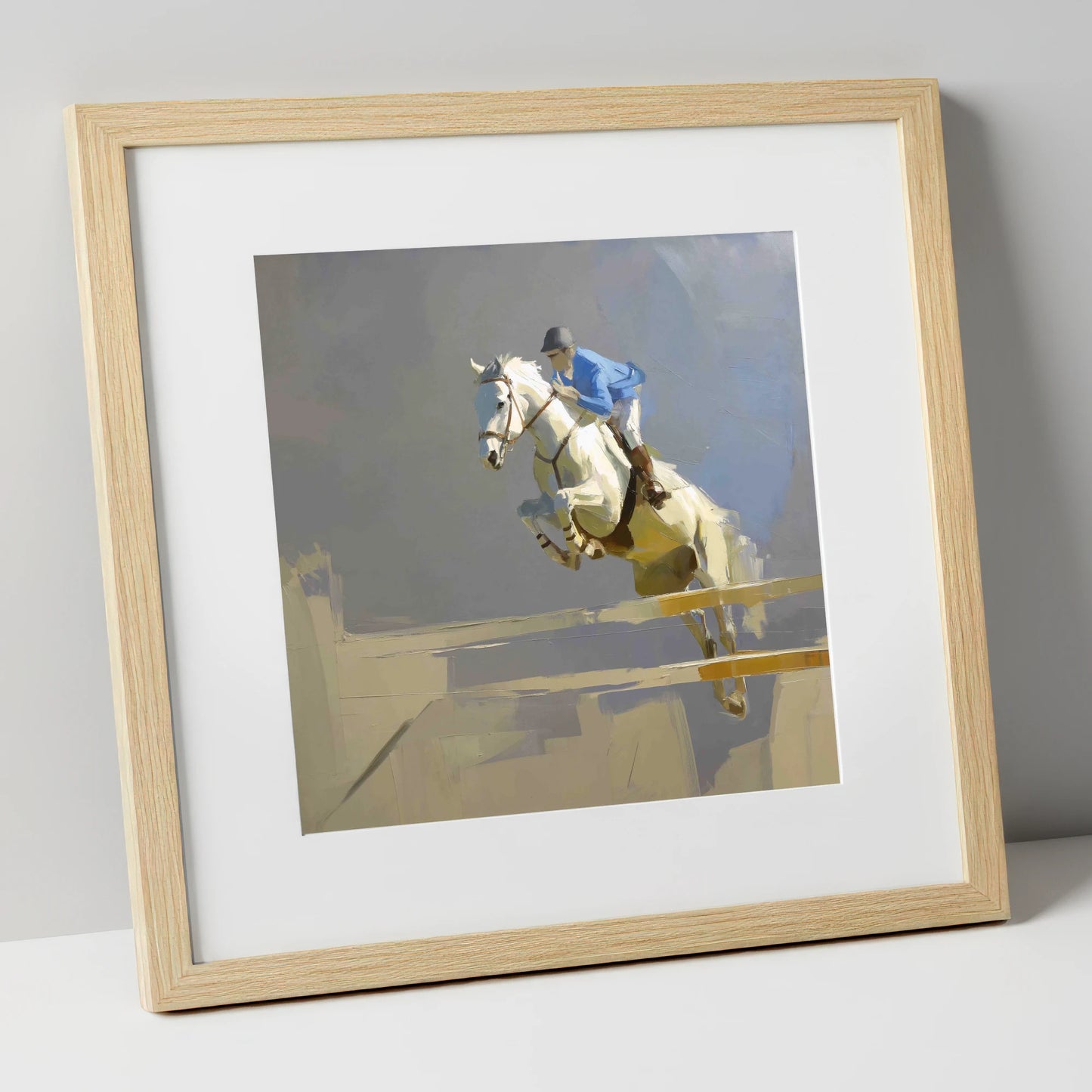 Soaring Grey Showjumper show jumping horse art print in natural frame