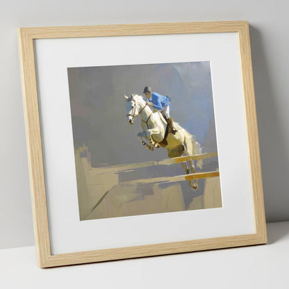 Soaring Grey Showjumper show jumping horse art print in natural frame