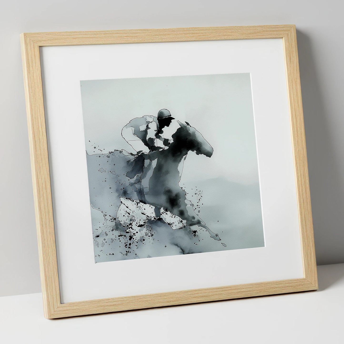 Shadows of the Track racing horse art print in natural frame