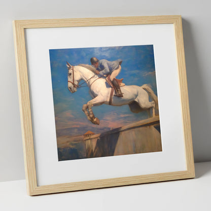 Flight Over the Wall show jumping horse art print in natural frame