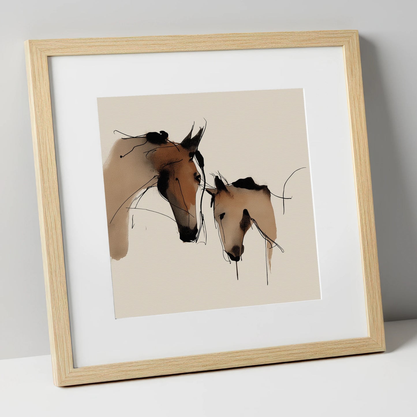 Gentle Kinship mare & foal art print in natural frame