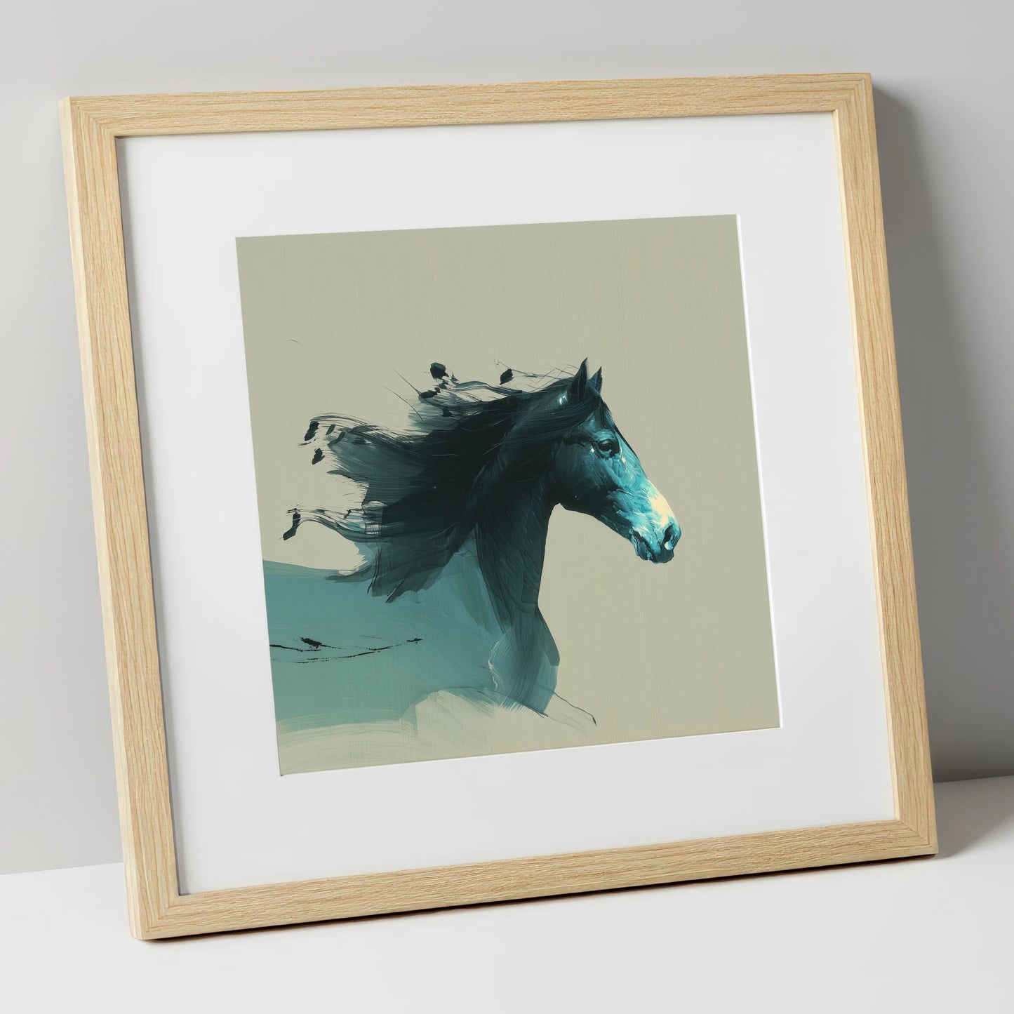 Windswept in Teal horse breed art print in natural frame