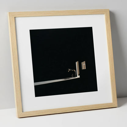 Solitary Light horse stable art print in natural frame