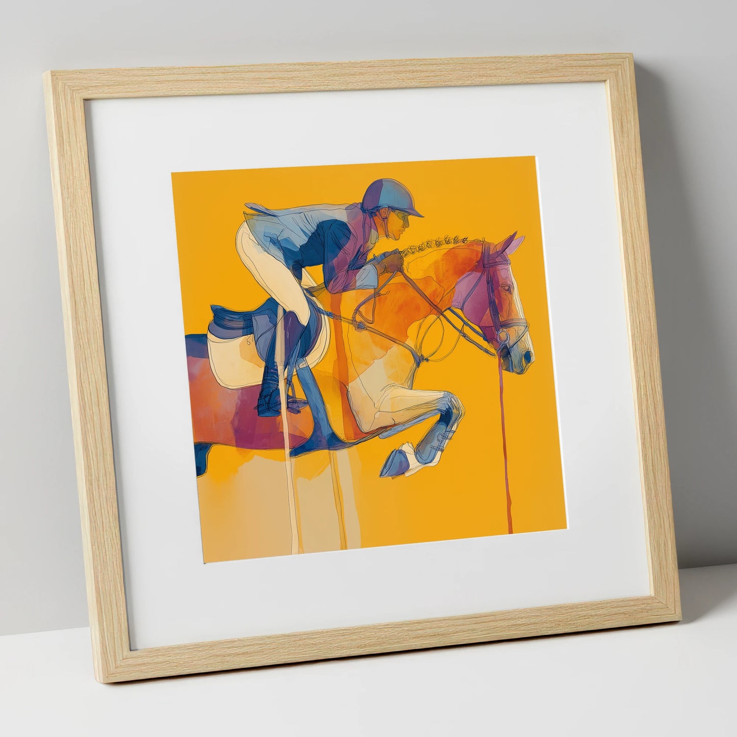 Suspended in Gold show jumping horse art print in natural frame